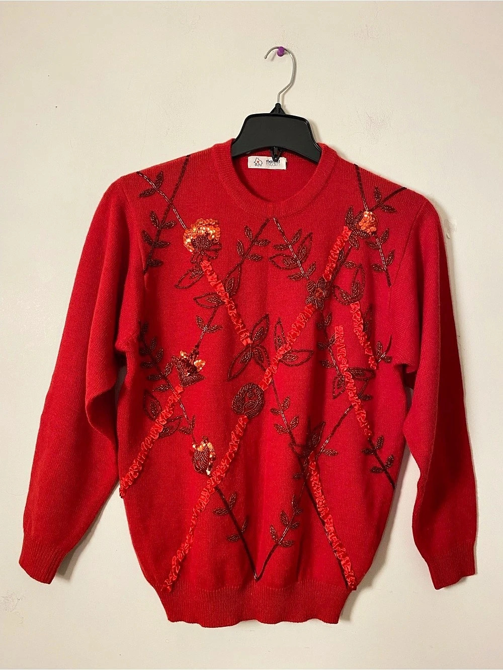 True Vintage German Mamut moden Lamb Wood Red Floral Embellished Sweater